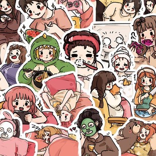 饰防水贴画 100张少女宅家生活日常贴纸宅女每日行为小众高颜值卡通可爱手账素材手机笔记本电脑平板ipad装