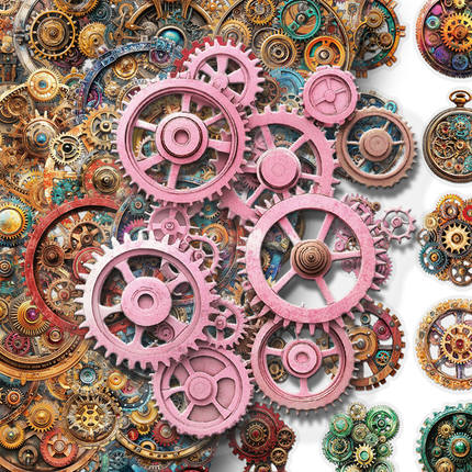 100张时空齿轮贴纸复古机械零件小众个性装饰手账水杯日记素材防水贴手机壳笔记本电脑平板ipad贴画pvc贴