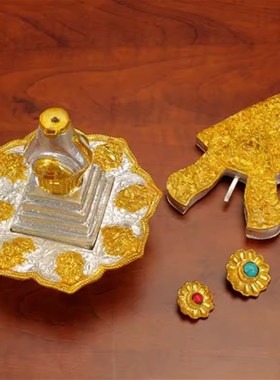 藏传密宗尼泊尔手工雕花铜鎏金鎏银供I品摆件八供铜朵玛食子一套