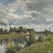 毕沙罗Pissarro手绘临摹复制B品蓬图瓦兹附近 瓦兹河油画风景田