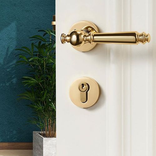 纯铜金色门d锁磁吸静音美式复古连体实木卧室内全铜法式门把手锁