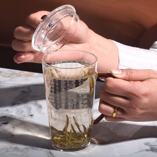 现货速发高c硼硅带把手盖子玻璃杯刻大悲咒心经药师清净经高端绿