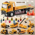 Extra Large Electric Tow Truck - Yellow + 8-Piece Construction Set + Mini Figure Traffic Cone