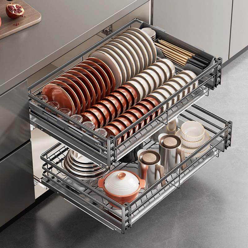 百悍拉篮厨房整体橱柜碗篮双层抽屉式304不锈钢内置碗架碗筷收纳