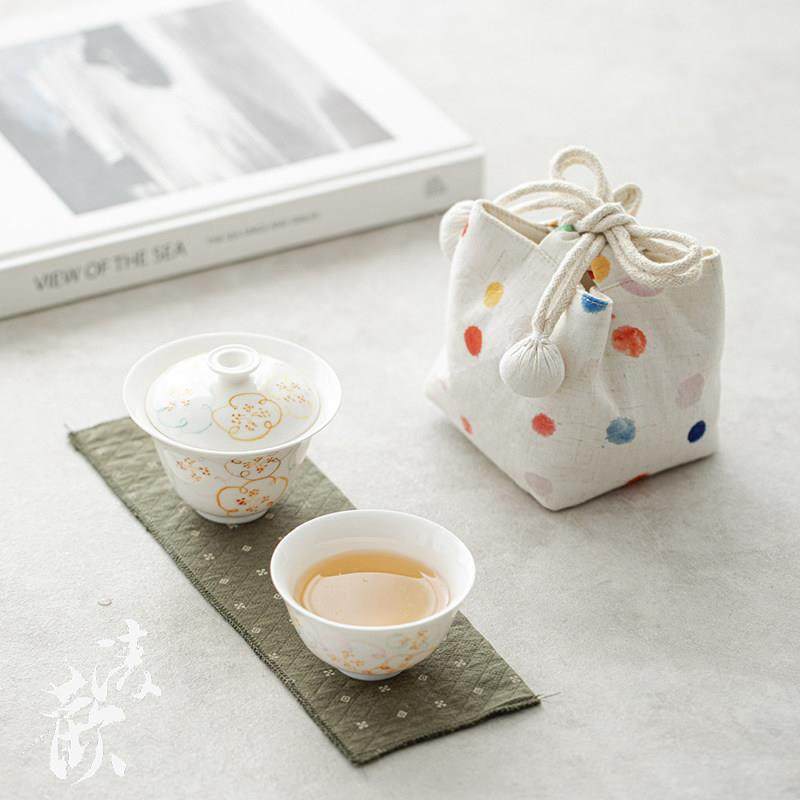 清欢丨釉下彩手绘波点童趣盖碗茶杯套装户外旅行茶具小套装收纳袋,餐饮具,旅行茶具,淘宝优惠券,粉丝福利购,淘宝优惠卷