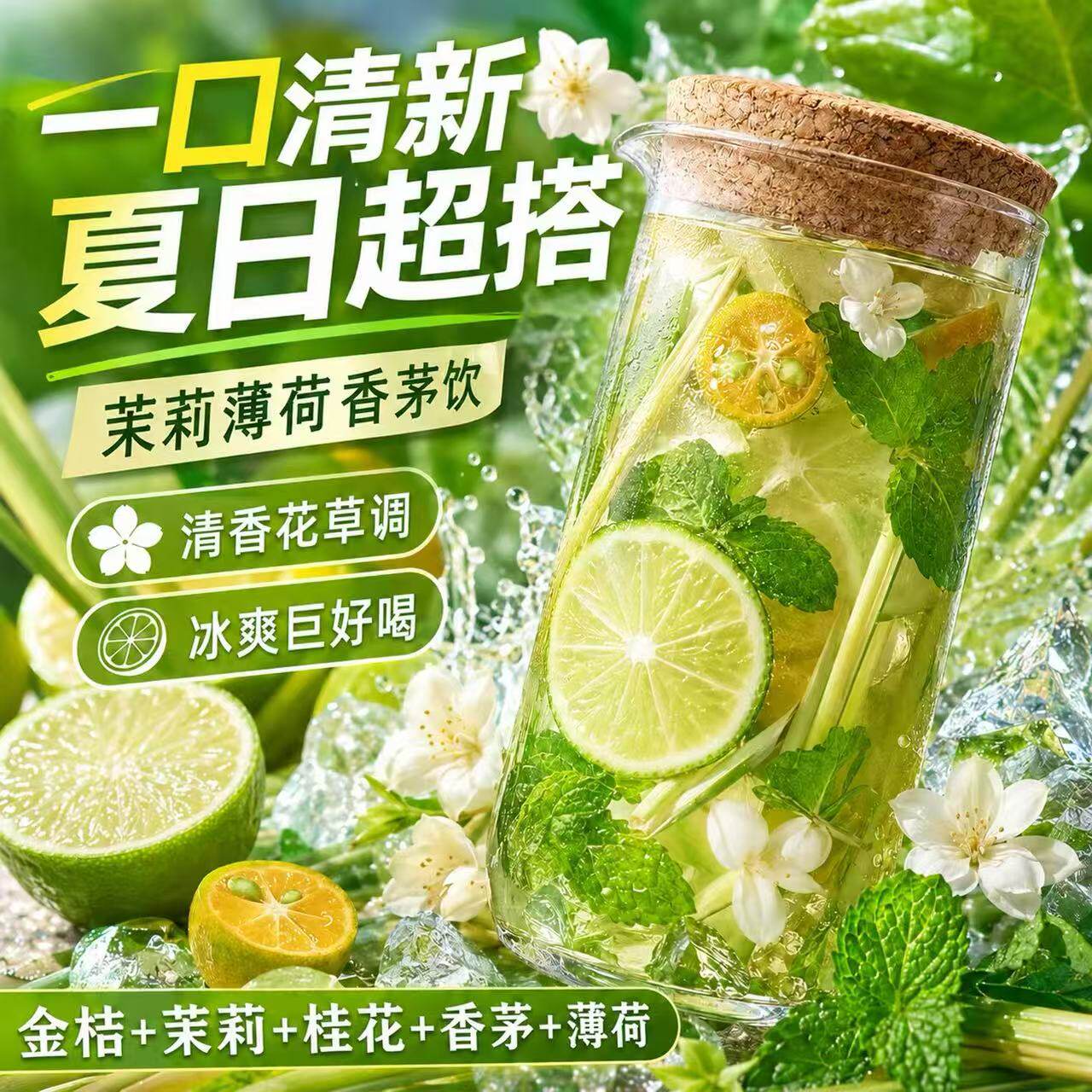 茉莉薄荷香茅饮夏季冷泡茶饮