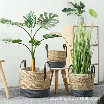 草编编织花盆较大篮子花盆套蒲草海P草麻绳手柄植物藤编