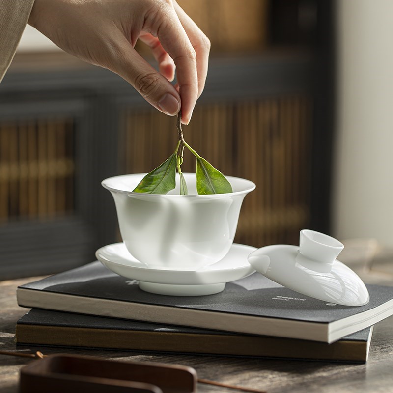 冰种冻玉瓷悬停盖碗n白瓷三才茶碗套装家用茶具大号不烫手泡茶杯
