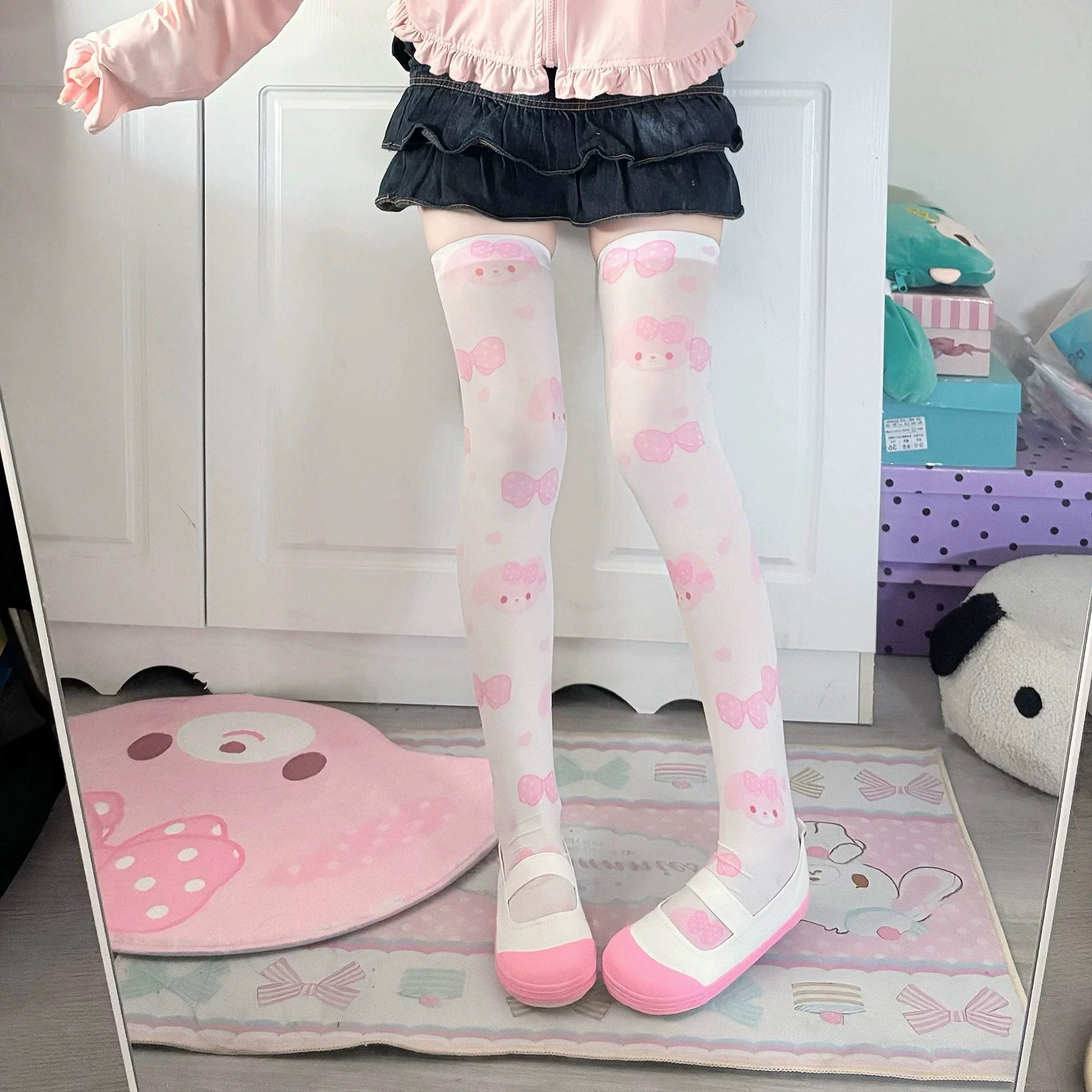 thumbnail for Original Bobo Rabbit Print Thigh Socks Japanese Cute Over-the-Knee Girl Pink Lori Velvet Lolita Stockings