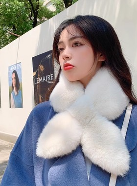 L3软糯韩国chic加厚纯色毛毛围脖保暖仿獭免毛交叉围巾毛绒领子女