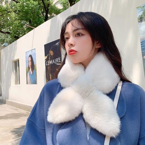 A软糯韩国chic加厚纯色毛毛围脖保暖仿獭免毛交叉围巾毛绒领子女