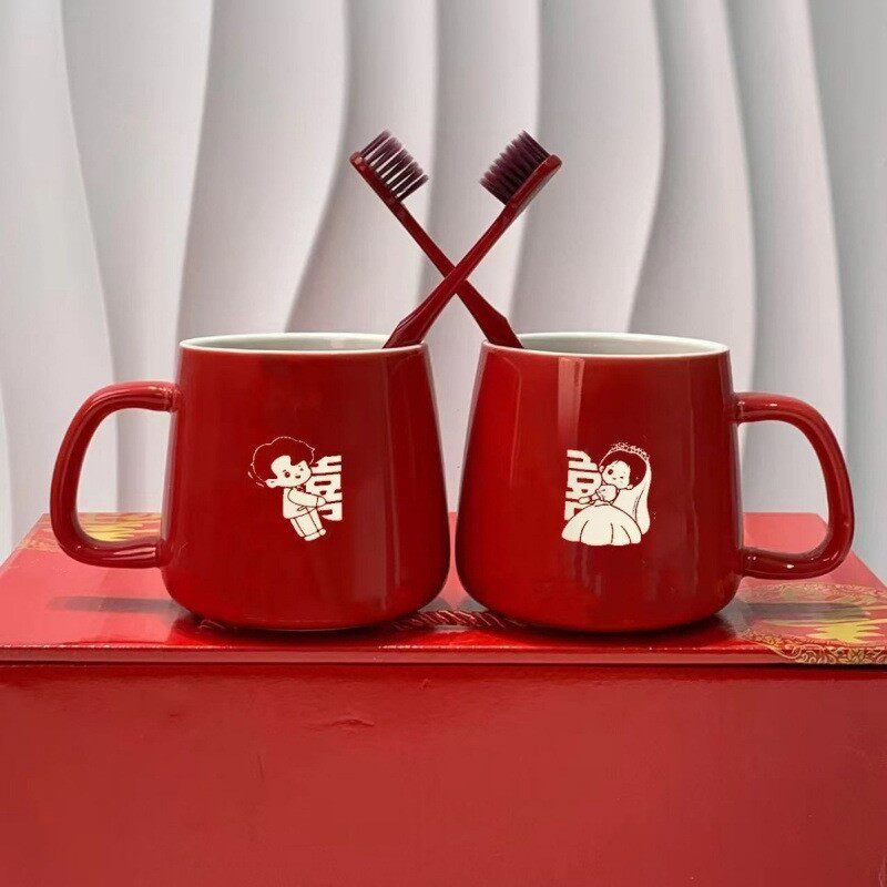 婚庆陶瓷牙缸情侣刷牙杯漱口杯结婚牙刷杯子套装陪嫁洗漱杯一对红