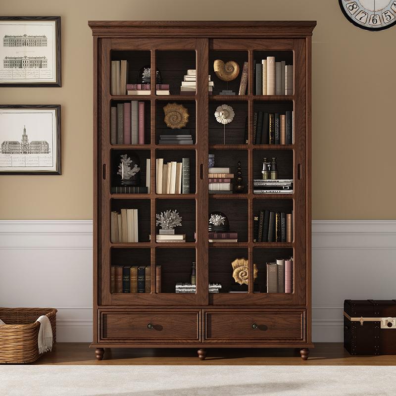美式实木书柜欧式落地推拉玻璃门书架儿童储物柜收纳柜置物架