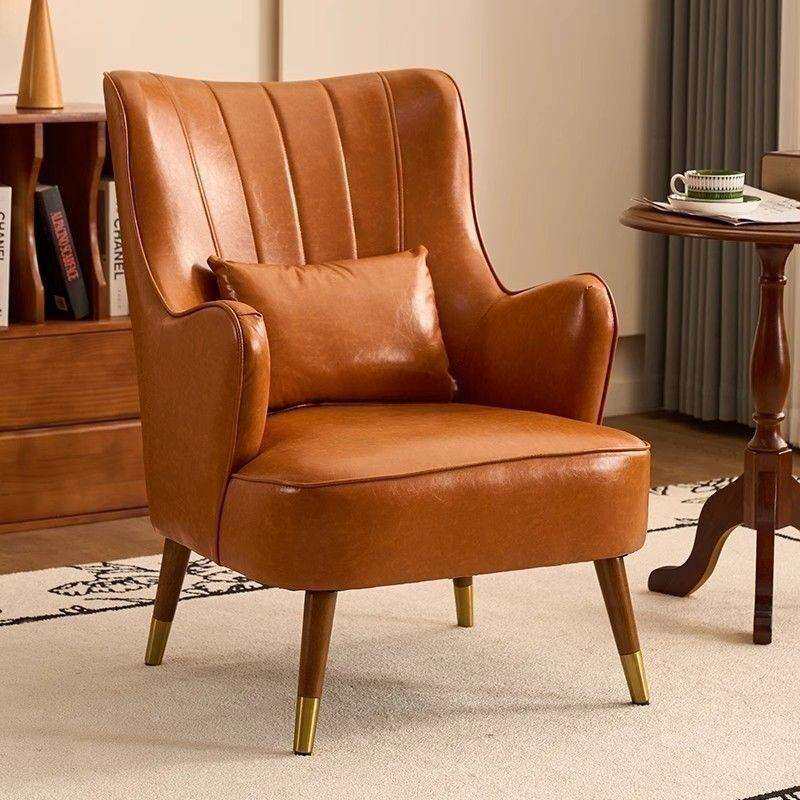 中古风单人沙发小户型客厅卧室阳台油蜡皮休闲单椅懒人沙发老虎椅