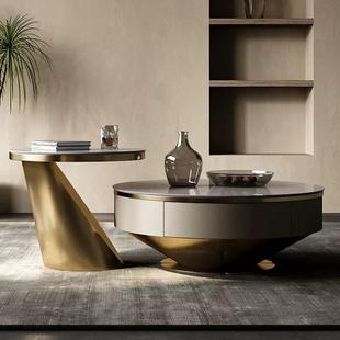 卡里冰玉茶几圆形大理石轻奢现代别墅样板房客厅茶几设计师新款