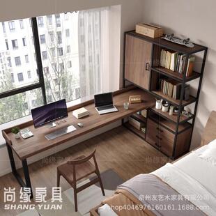 实木转角书桌书架卧室双人拐角长条学习桌家用l型电脑桌书柜一体