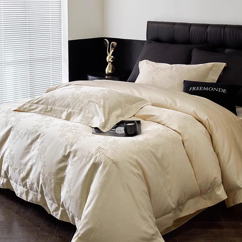 2简约100S全棉长绒棉四件套高端提花刺绣被套床单1.8m纯棉床上用