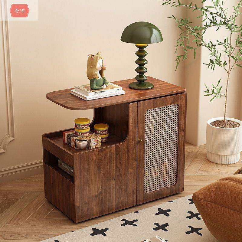 全实木可移动沙发边几侧面边柜小户型客厅家用中古旋转置物茶水柜