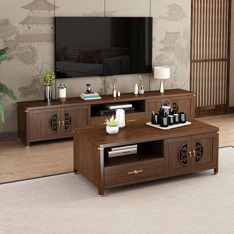 新中式茶几电视柜组合小户型客厅家用储物地柜实木色一体收纳边柜