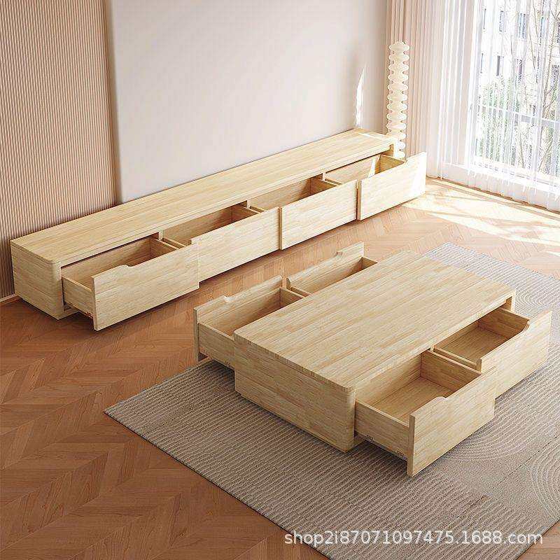 全实木茶几电视柜现代简约奶油风小户型家用轻奢岩板储物落地柜子