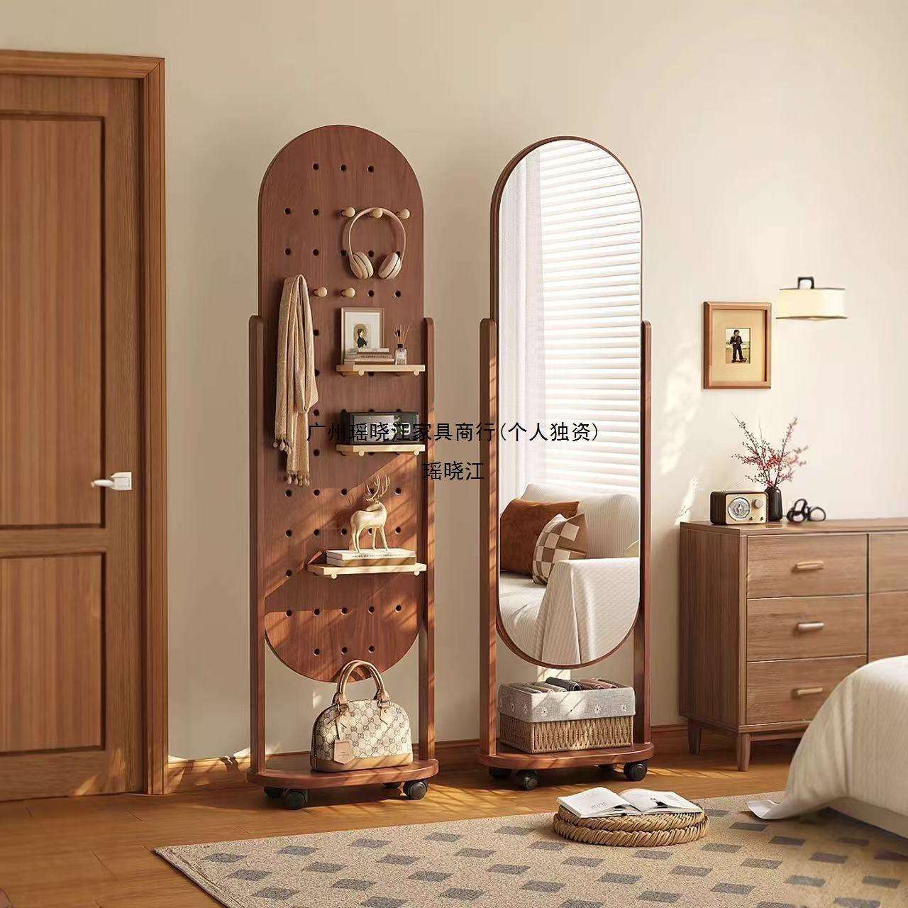 洞洞板穿衣镜旋转全身镜可移动落地镜家用衣挂架一体镜子试衣镜子