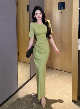 夏季新款高级修身显瘦捏褶中袖女神气质连衣裙