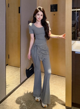 小众设计感棉感亲肤透气三件套套装上衣+微喇裤+屁帘