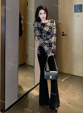 秋冬新款高级气质小众设计感拼接拼色设计静奢风格显瘦上衣裤子