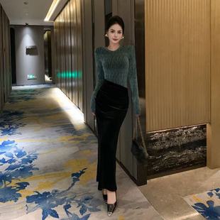 秋冬新款高级贵气小众晚宴设计感辣妹闪亮拼接丝绒连衣裙