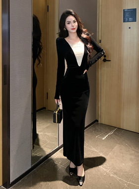 秋冬新款设计感晚宴小众拼接串珠高级气质礼服感丝绒连衣裙女