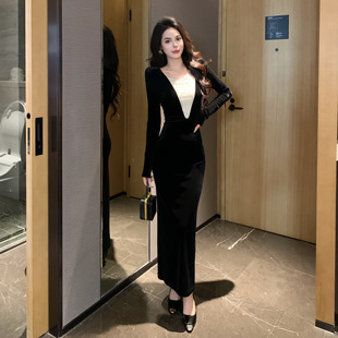 秋冬新款设计感晚宴小众拼接串珠高级气质礼服感丝绒连衣裙女