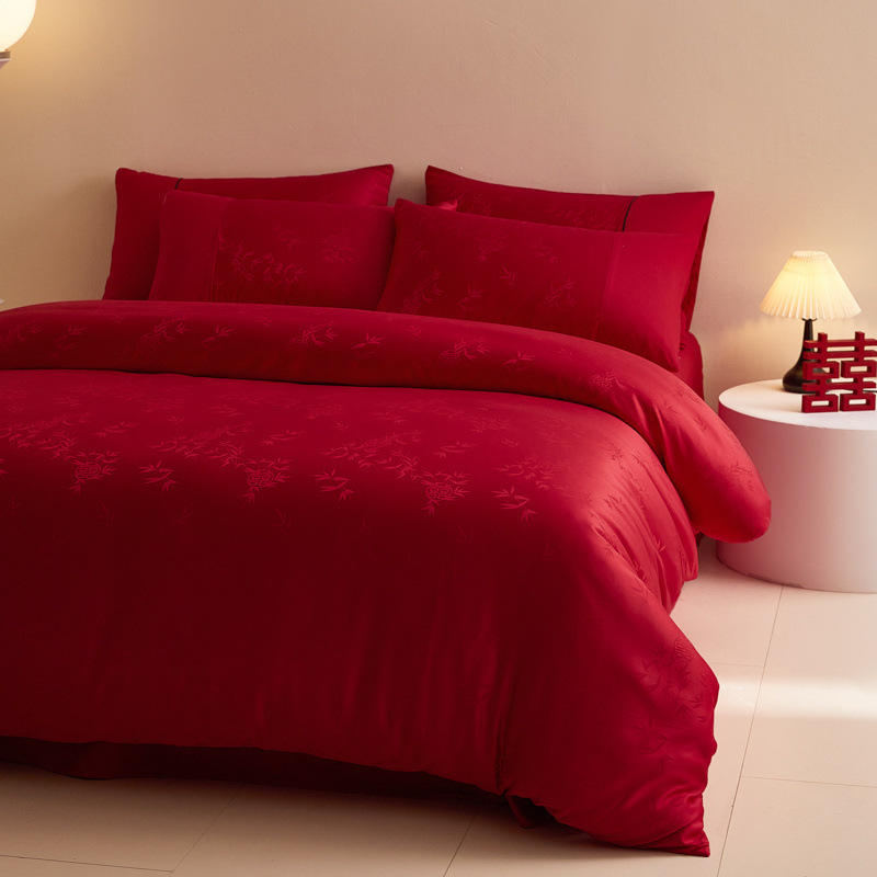 轻奢中式长绒棉红色提花结婚陪嫁四件套婚房婚庆床单婚嫁床品包邮