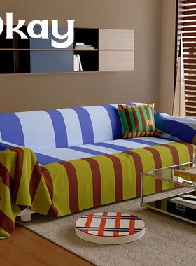 okay覆古条纹 沙发巾四季通用韩系全包式沙发盖布套罩ins简约百搭
