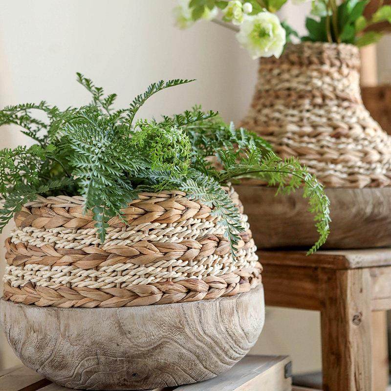 左岸麦田 木器之美-侘寂风木头底座蒲草藤编花篮插花摆件家居饰品,家居饰品,花篮,淘宝优惠券,粉丝福利购,淘宝优惠卷