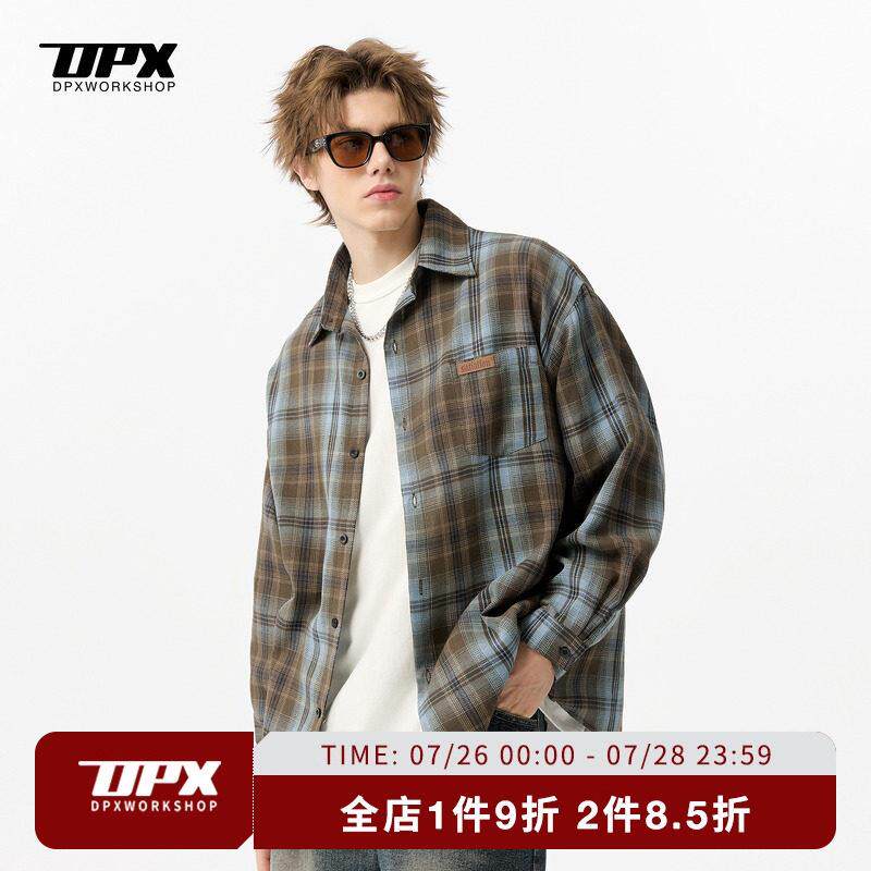 DPX潮牌春秋美式覆古格子长袖衬衫男情侣宽松休闲 做旧衬衫薄外套