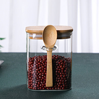 四方储物罐带小勺高硼硅玻璃密封罐竹盖透明玻璃茶叶罐密封储物罐