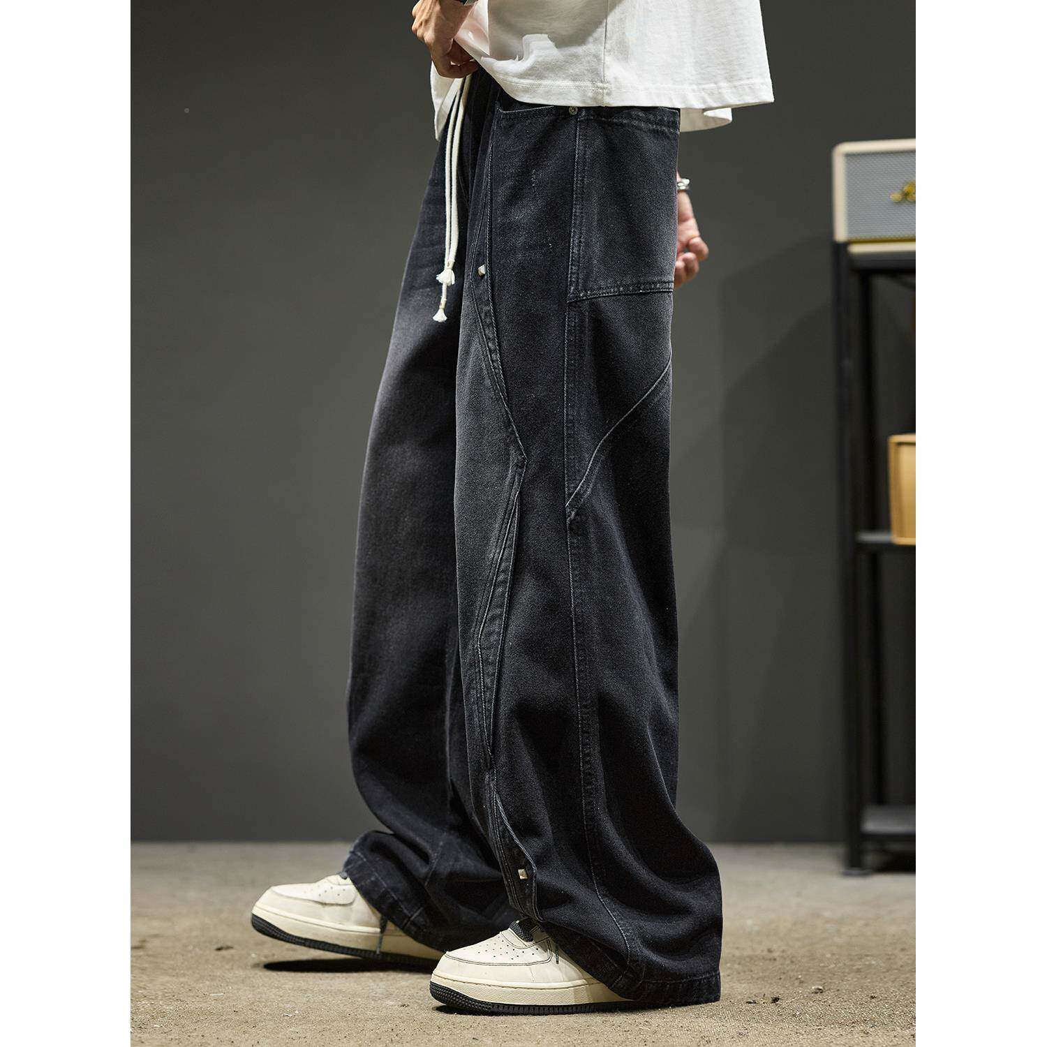 美式覆古水洗牛仔裤男款春季KF117-1子直筒微喇裤男生错秋位解构