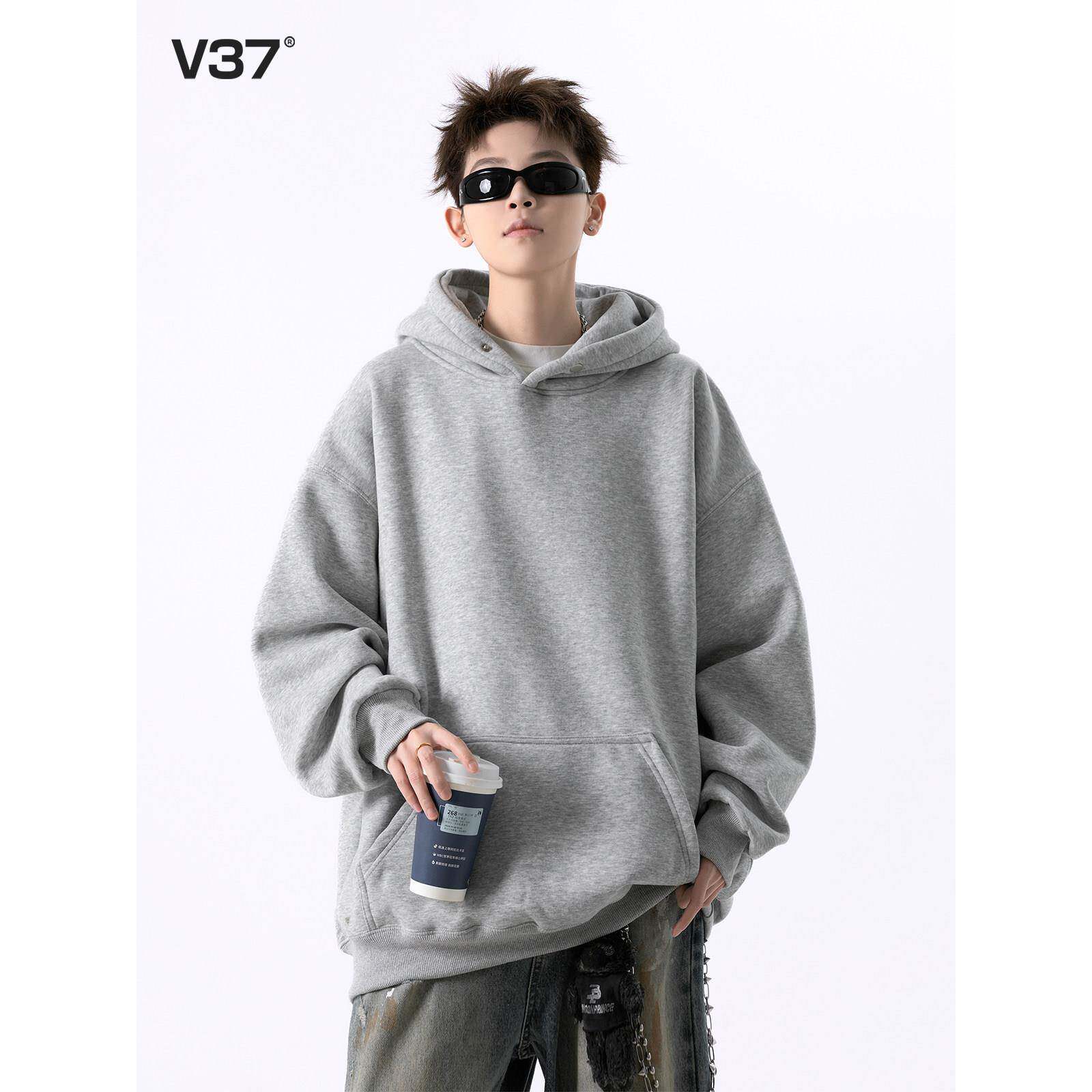 V37美式重磅覆古灰色连帽卫衣男款秋季潮牌街头宽松运动帽衫外套