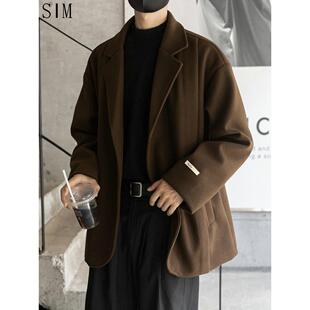 SIM男士休闲西装外套宽松高级感秋冬季毛呢子厚款小西服上衣单件