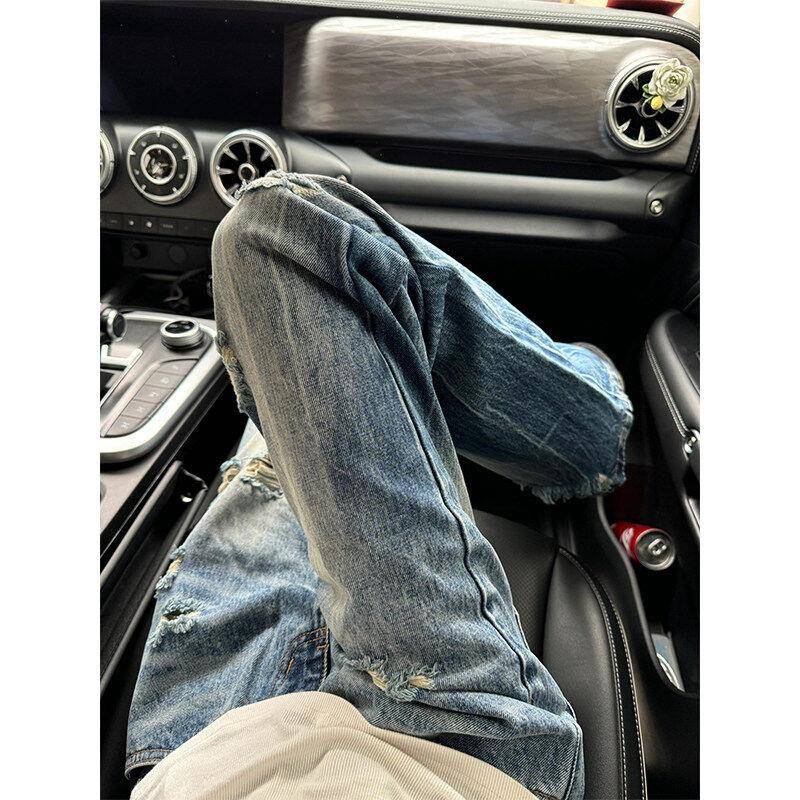 BFNG3153蓝cleanfit闪电纹破洞牛v仔裤男美街式高ibe色裤子修身直