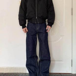 新时代OG老钱风深蓝色赤耳红边原牛直筒微喇阔腿cleanfit牛仔裤