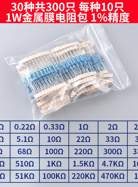 1/4W金属膜电阻包1W2W3W直插电子元件包19/30/41/130种1%常用