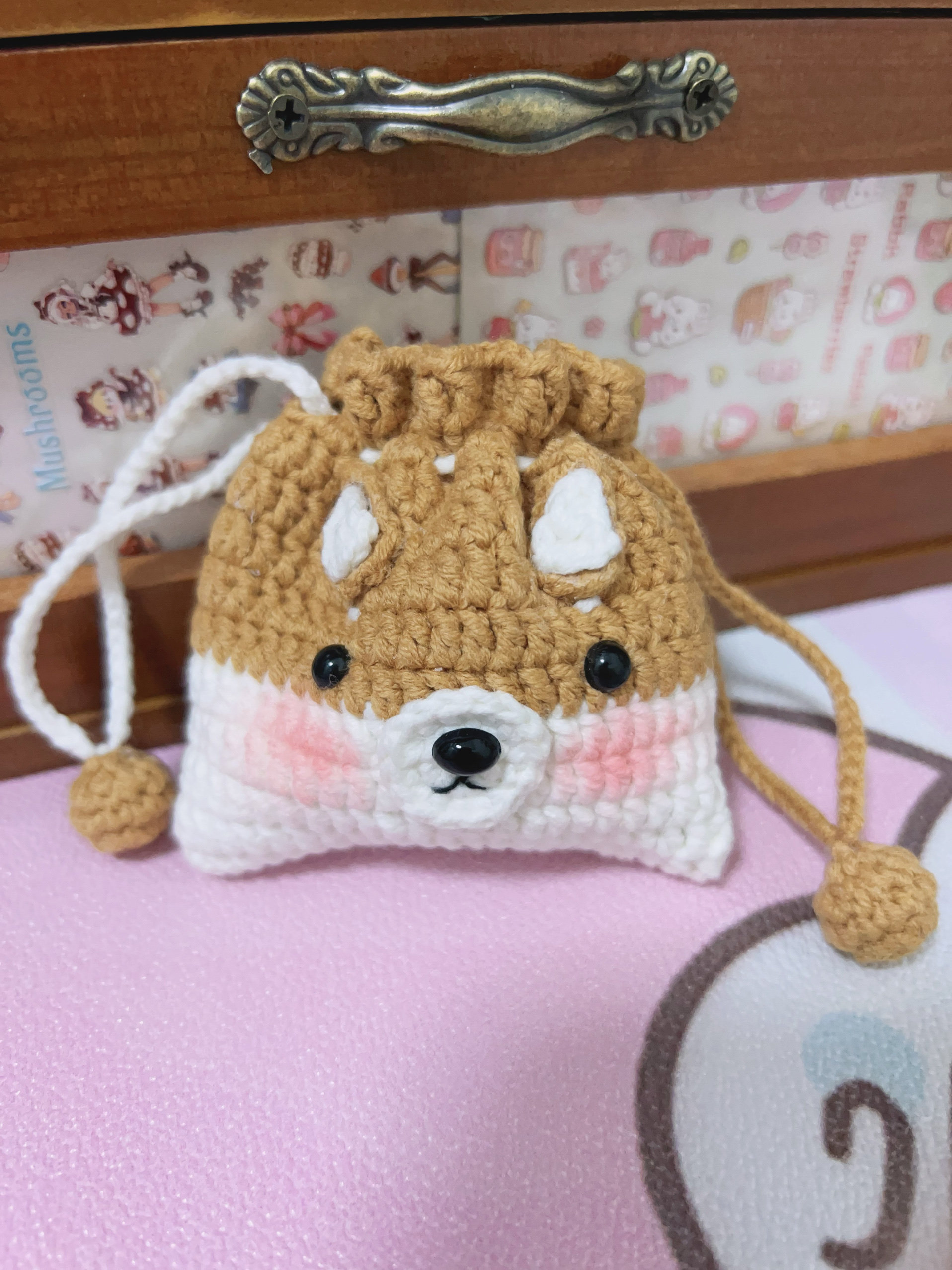 手工编织diy钩针毛线可爱柴犬零钱包束口袋耳机包收纳袋是成品