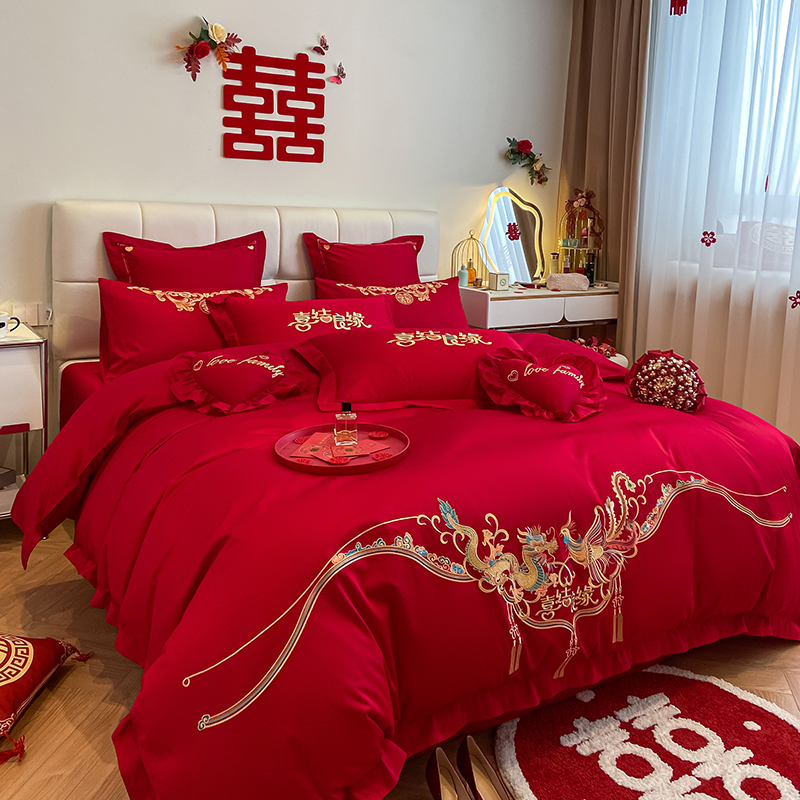 极速喜庆结婚四件套床品套件w新婚全棉刺绣龙凤被套中式传统婚庆