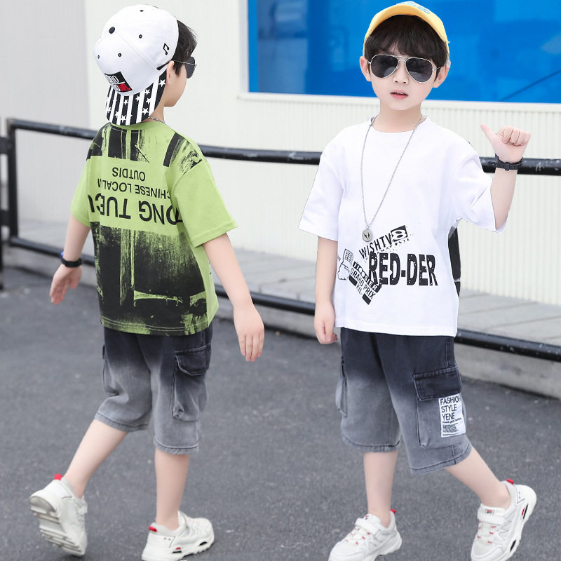 极速厂家2022儿童套装男童夏装新款洋派中童夏季短袖X牛仔短裤两
