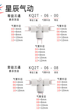 极速星辰气动KQ2T06-08 KQ2T04 KQ2T08 KQ2T10S T型变径三通 T型