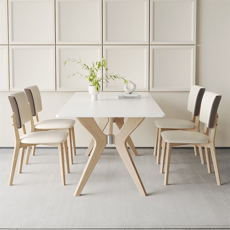 极速奶油风实木岩板餐桌白t蜡木实木腿原木色日式哑光白色岩板餐