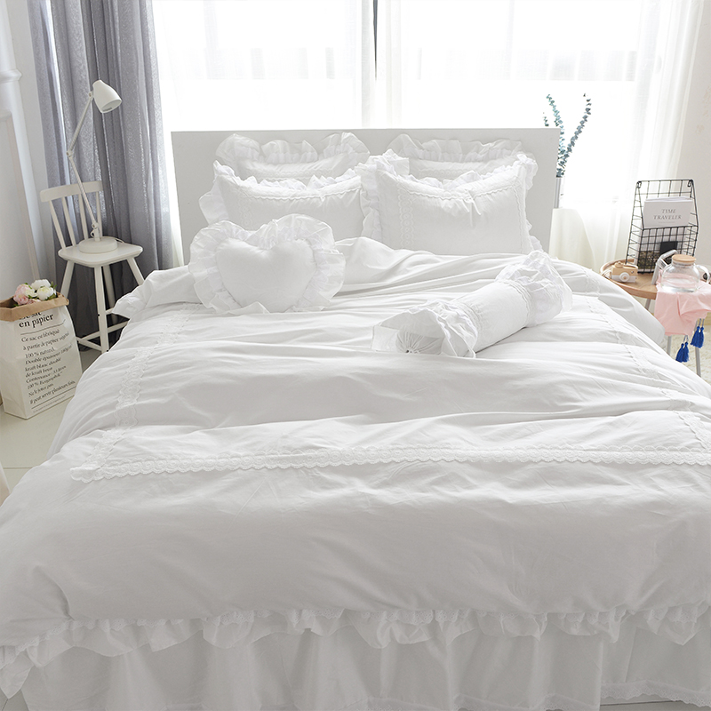 极速韩式斜纹全棉四件套纯白色公主风床单被套1.8Tm床裙式床上用