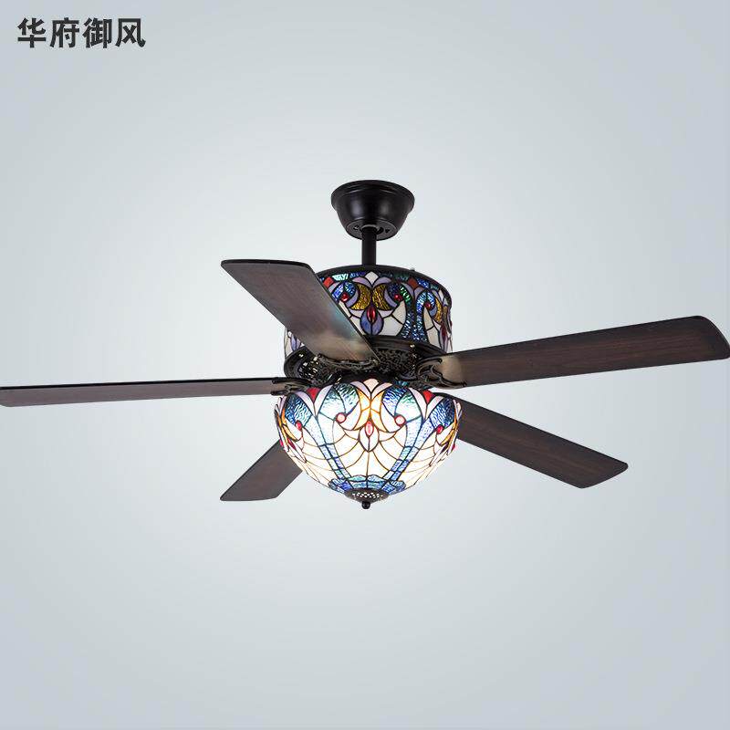 美式复古吊扇灯餐厅风扇灯家用客厅卧室欧式蒂凡尼木叶带电风扇吊