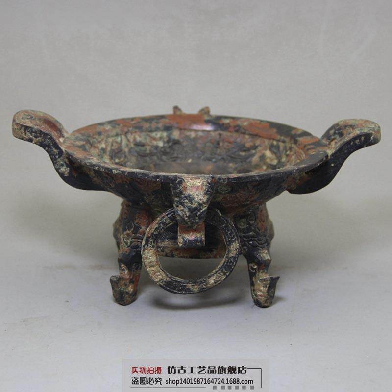 厂家直销收藏古玩杂项工艺品复古做旧青铜双兽果盘摆件